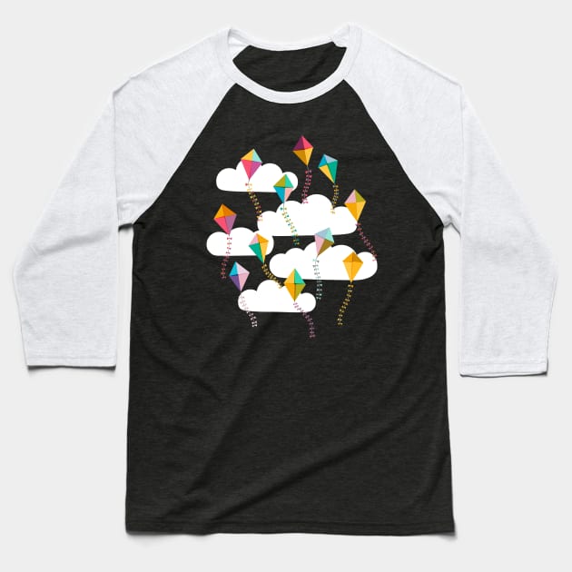 Flying Kites {Sky} Blue Sky and Clouds Baseball T-Shirt by Cecilia Mok